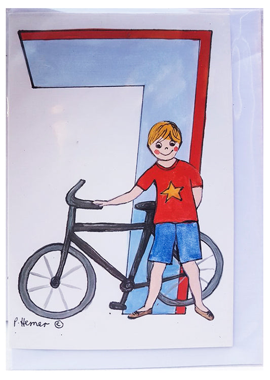 Age 7 Boy & Bike Birthday Card