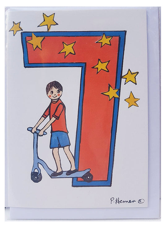 Age 7 Boy & Scooter Birthday Card