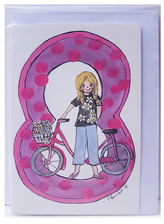 Age 8 Girl & Bike Birthday Card