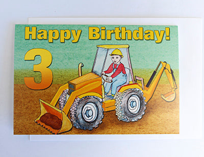 3 year old birthday Card- Drawing of a Boy in a Backhoe Loader