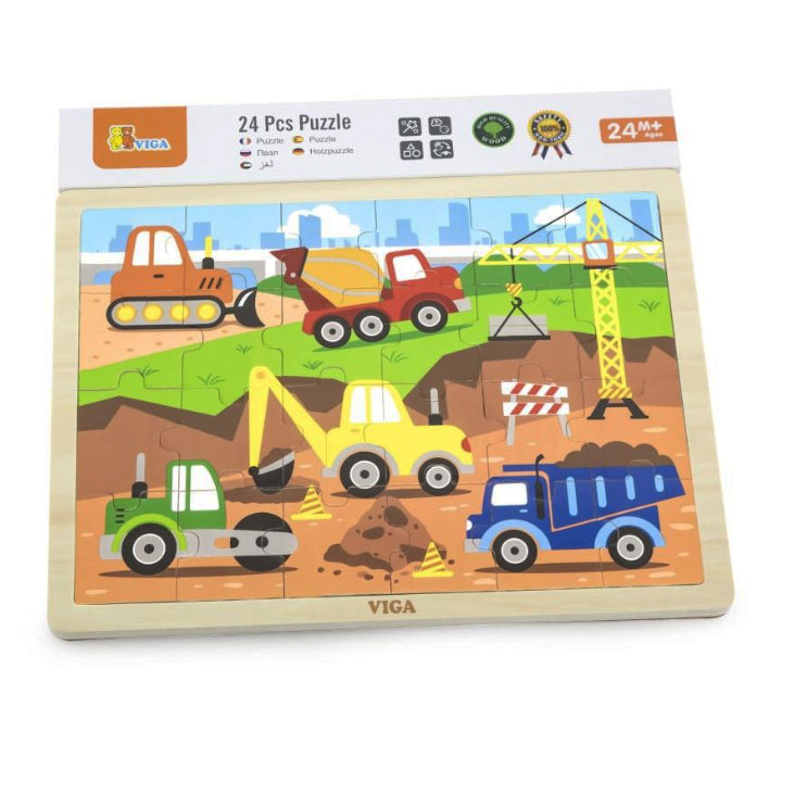 VIGA Wooden Construction Vehicles Puzzle- 24Pc